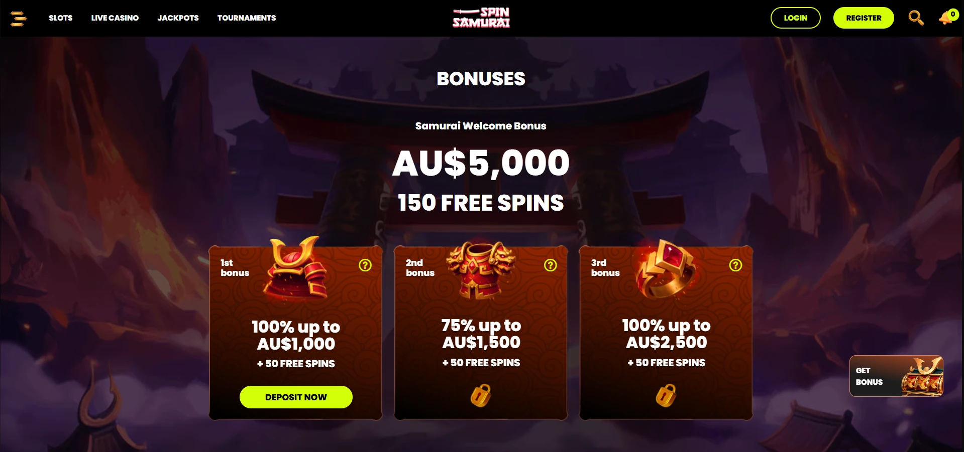 Spin Samurai promotions page with the welcome offer