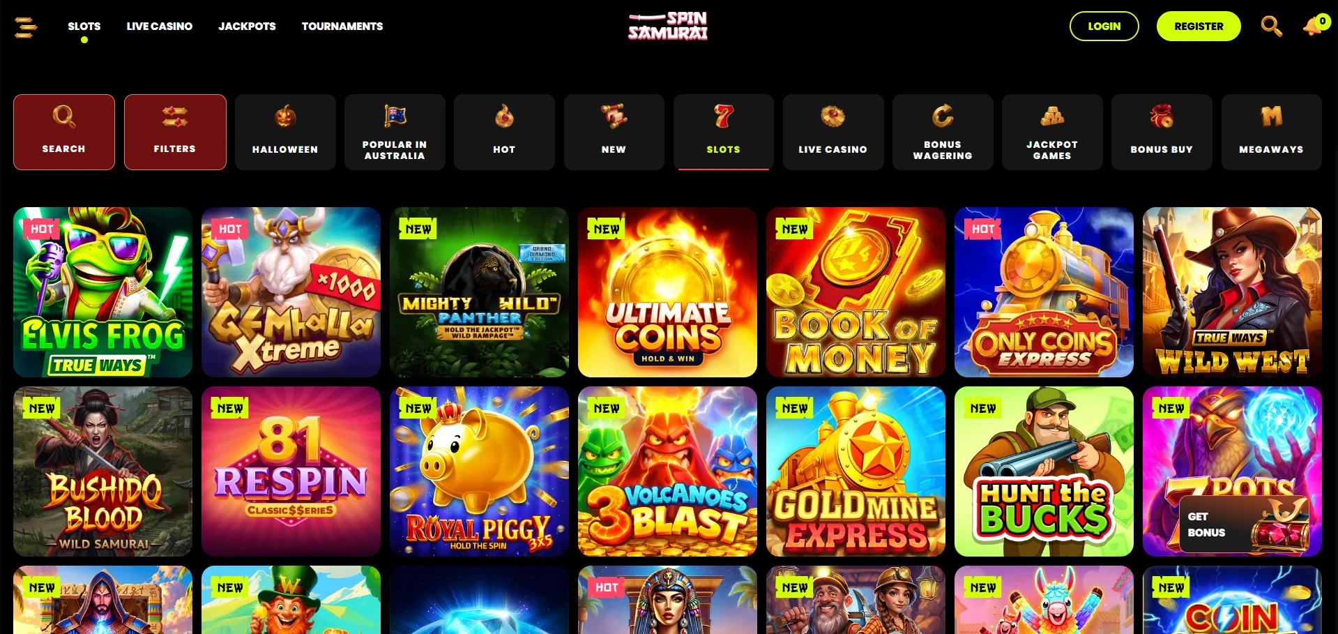 Spin Samurai game lobby with pokie icons