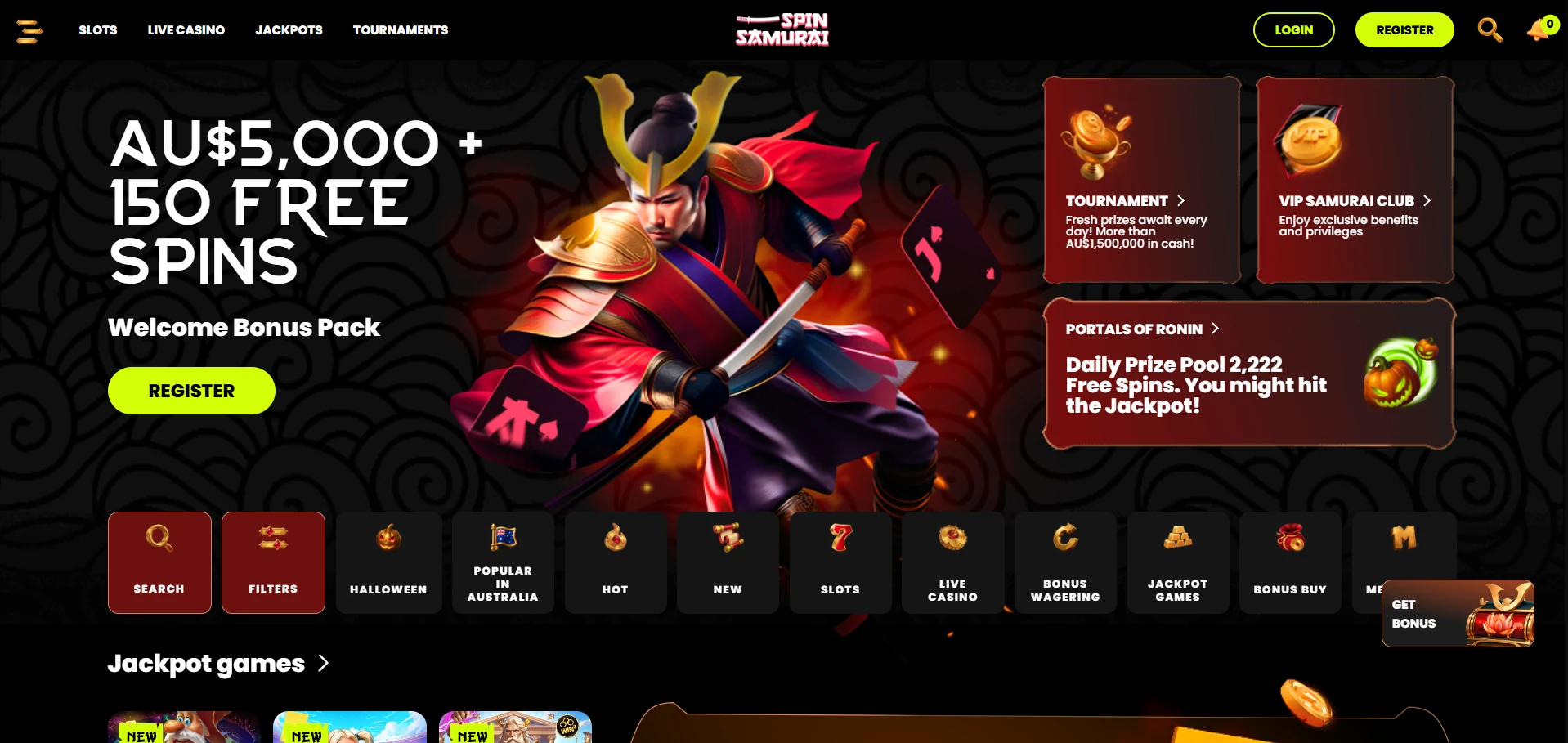 Spin Samurai Casino home page